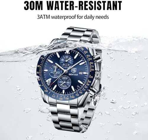 BY BENYAR Mens Watch 100M Waterproof Chronograph Date Watch for Men Brown Leather Strap Quartz Movement Analog Watch Business Casual Gift for Men Image