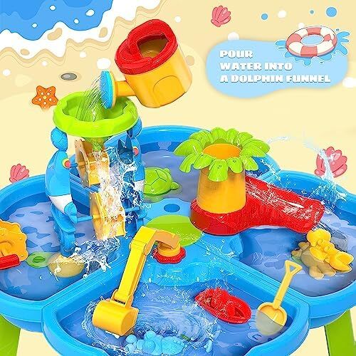 میز آب کودکان ERTYU 4 در 1 میز آب شنی اسباب بازی های فضای باز برای کودکان نوپا میزهای بازی آبی کودکان و نوجوانان اسباب بازی های ساحلی تابستانی هدایای تولد اسباب بازی های پسرانه دخترانه 3 تا 9 ساله (4 در 1 میز آبی)