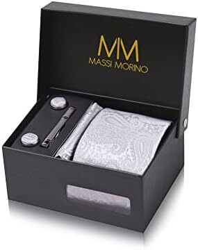 کراوات مردانه Massi Morino با ست مربع جیبی شامل دکمه سر دست، گیره کراوات و جعبه کادو - ست کراوات مردانه برای عروسی Image