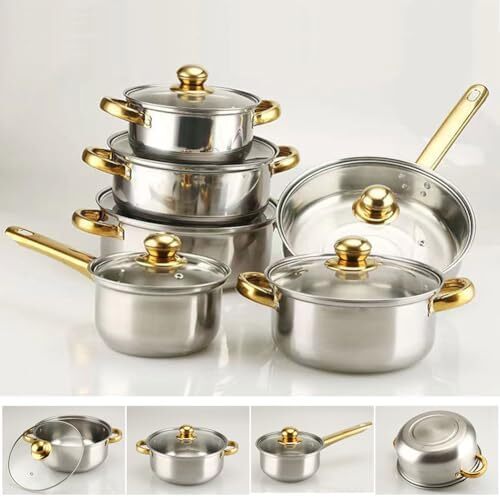 ست ظروف آشپزخانه 18 تکه استیل ضد زنگ MOZOGOT، ست قابلمه و تابه، ست ظروف غیرسمی، ست پخت و پز القایی، ابزار آشپزخانه، نقره‌ای