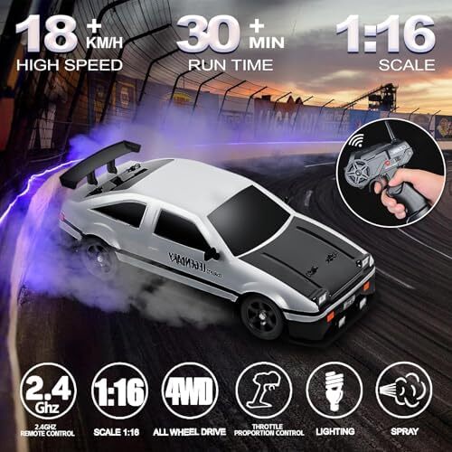 ماشین کنترل از راه دور ماشین RC Drift ماشین 1:16 مقیاس 4WD 18KM/H مدل ماشین با سرعت بالا 2.4GHz با چراغ LED اسپری لاستیک تایر مسابقه ای ماشین اسباب بازی اسپرت برای بزرگسالان پسر دختر هدیه بچه ها 2 عدد باتری قابل شارژ Image