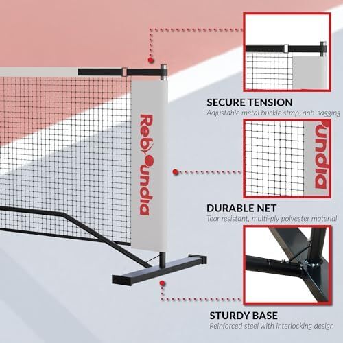 REBOUNDIA Pickleball Net قابل حمل در فضای باز، سیستم توری توپ ترشی با سایز رسمی 22 فوتی با کیف حمل و پاداش تمرین انفرادی Rebounder Image