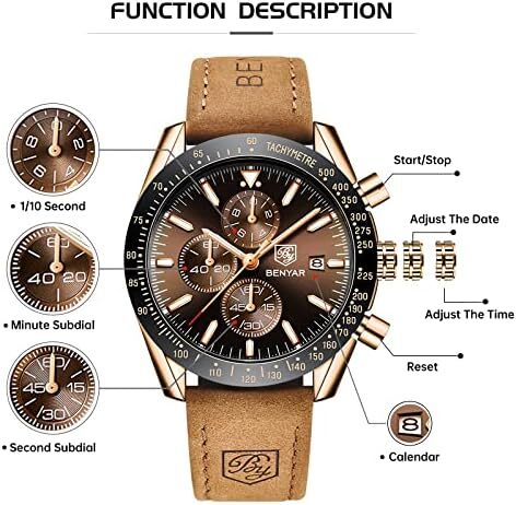 ساعت مچی مردانه BY BENYAR ساعت چند کاره کرونوگراف تاریخ کوارتز مردانه استیل ضد زنگ مشکی/بند چرم قهوه ای آنالوگ ساعت مچی هدیه برای مردان مشاغل معمولی Image