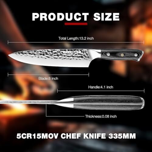 چاقوی سرآشپز WEERLTEM، چاقوی حرفه‌ای 8 اینچی با دست‌کوبی، چاقوی آشپزخانه ژاپنی با فولاد ضد زنگ کربن بالا و دسته میکارتا مشکی و جعبه هدیه. Image