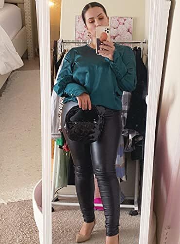 بلوز ساتن زنانه شیگانت پیراهن ابریشمی آستین بلند یقه خدمه تاپ تونیک کاری تجاری Image