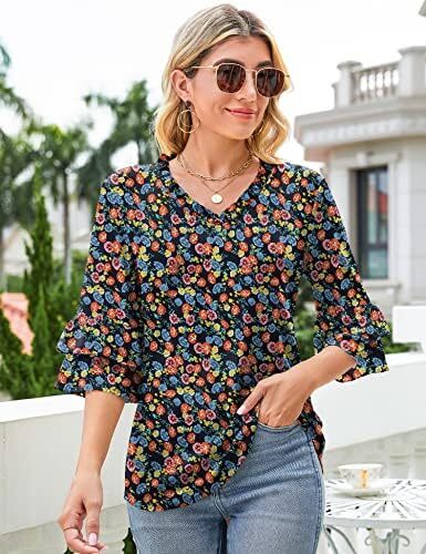 TFSDOD زنانه یقه V یقه 3/4 تاپ آستین زنگ دار یقه یقه دار پیراهن آستین دار یقه دار بلوزهای گشاد تابستانی تابستانی Image
