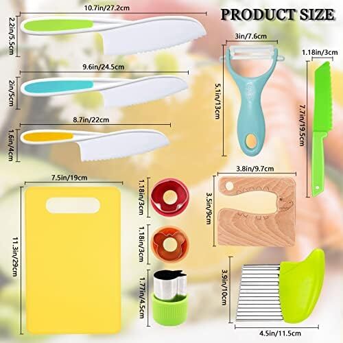 چاقوی چوبی ۱۱ تکه کودکان RISICULIS، ست چاقو شامل چاقوی چوبی، چاقوی پلاستیکی دندانه‌دار، چاقوی چین‌دار، برش‌دهنده ساندویچ، پوست‌کن Y، تخته برش