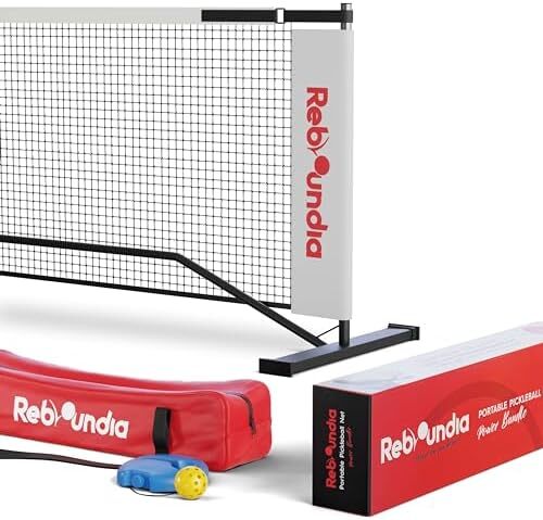 REBOUNDIA Pickleball Net قابل حمل در فضای باز، سیستم توری توپ ترشی با سایز رسمی 22 فوتی با کیف حمل و پاداش تمرین انفرادی Rebounder