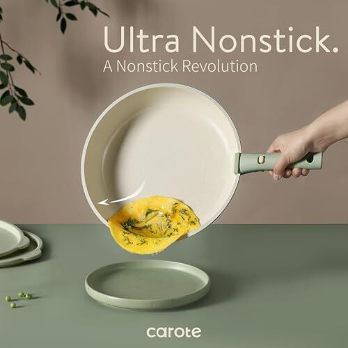 ست قابلمه و تابه CAROTE، ست ظروف نچسب با دسته جداشونده، ۱۵ تکه ست ظروف آشپزخانه القایی نچسب با دسته قابل جدا شدن، ست ظروف RV، مقاوم در برابر فر، سبز مریم گلی Image