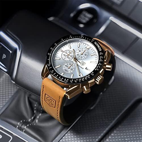 ساعت مچی مردانه BY BENYAR ساعت چند کاره کرونوگراف تاریخ کوارتز مردانه استیل ضد زنگ مشکی/بند چرم قهوه ای آنالوگ ساعت مچی هدیه برای مردان مشاغل معمولی Image