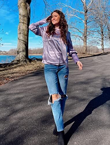 بلوز ساتن زنانه شیگانت پیراهن ابریشمی آستین بلند یقه خدمه تاپ تونیک کاری تجاری Image