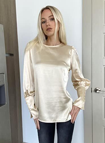 بلوز ساتن زنانه شیگانت پیراهن ابریشمی آستین بلند یقه خدمه تاپ تونیک کاری تجاری Image