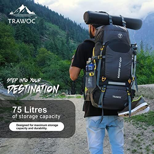 کیف کوله پشتی 75 لیتری TRAWOC TRAWOC TRAILBLAZE مردانه و زنانه، کیف مسافرتی کمپینگ کوهنوردی کوهنوردی، کاور باران / محفظه کفش، 3 سال گارانتی Image