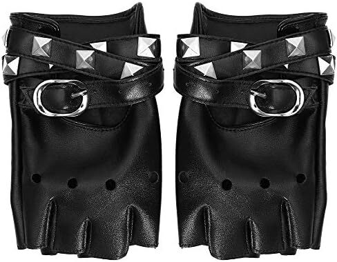 دستکش چرم مصنوعی بدون انگشت Skeleteen - دستکش پانک دوچرخه سواری مشکی با بسته شدن کمربند و طرح پرچ برای زنان و کودکان، مشکی، تک سایز Image