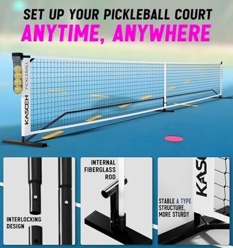 توری قابل حمل KASCEN Pickleball با چرخ - 22FT USAPA سایز تنظیمی توری Pickleball برای Driveway با نگهدارنده توپ، 4 Pickleball، کیف حمل برای فضای بیرونی سیاه سفید Image