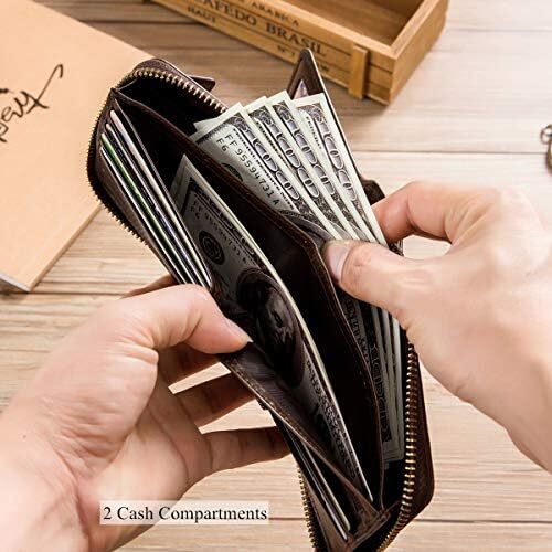 کیف پول مردانه RFID چرم اصل BULLCAPTAIN با ظرفیت بزرگ کارت شناسایی با جیب سکه زیپ QB-231، قهوه، S، مینیمالیستی Image