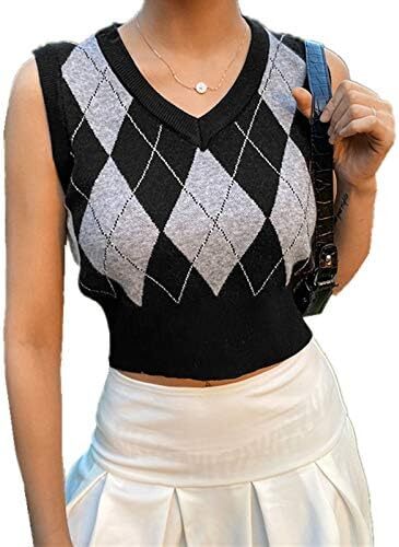 جلیقه ژاکت بافتنی Hyipels Argyle زنانه Y2K لباس بافتنی چهارخانه مدل لباس بافتنی Preppy Style V یقه تاپ تانک دخترانه