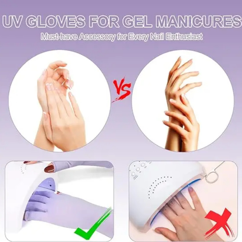 دستکش  ضد برنزه شدن UV Protection Gloves مخصوص مانیکور با +UPF50 یاسی رنگ، محافظ پوست دست در برابر اشعه‌های مضر خورشید در زمان کاشت ناخن، ژل، لاک ژل و کار با دستگاه UV/LED Image