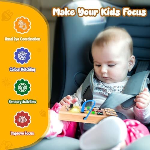 Hoarosall montessori toddler busy board, baby wooden busy board with 8 LED light switches, sensory toys light switch toys travel toys for 1+ year old baby and toddler Image