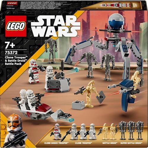 LEGO Star Wars Clone Trooper & Battle Droid Pack Battle Building Toys for Children with Speeder Bike Vehicle, 4 Minifigure and 5 Figure, هدایایی برای پسران و دختران 7 سال به علاوه 75372