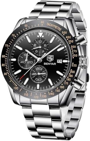 ساعت مچی مردانه BY BENYAR ساعت چند کاره کرونوگراف تاریخ کوارتز مردانه استیل ضد زنگ مشکی/بند چرم قهوه ای آنالوگ ساعت مچی هدیه برای مردان مشاغل معمولی Image