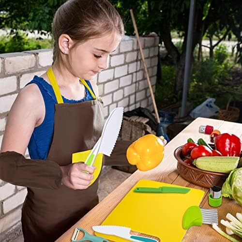 RISICULIS 14 Pieces toddler knife, Kids Knife Set Include Wood Kids Safe Knife, Plastic Toddler Knife, Cutting Board, Apron, Y Peeler, Crinkle Cutter, Kitchen Sleeves Covers, Gloves, Sandwich Cutter Image