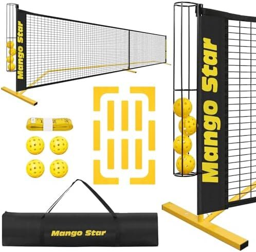 توری Pickleball MangoStar، توری های قابل حمل 22FT با نگهدارنده توپ منحصر به فرد، نشانگر زمین، 4 توپ ترشی، اندازه گیری نوار، توری توپ ترشی اندازه تنظیم شده برای راهروی داخلی در فضای باز