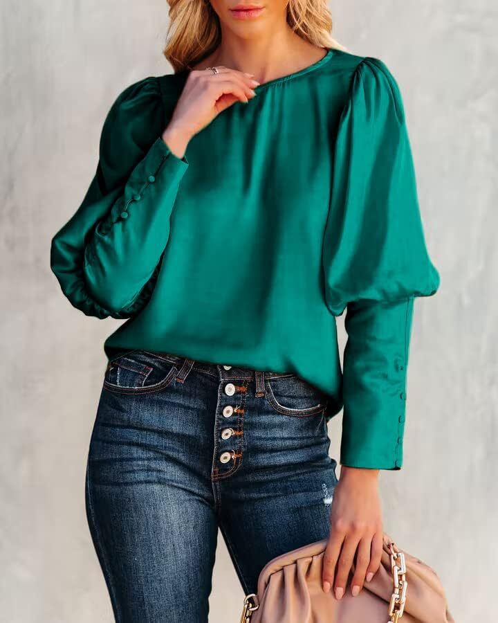 بلوز ساتن زنانه شیگانت پیراهن ابریشمی آستین بلند یقه خدمه تاپ تونیک کاری تجاری Image