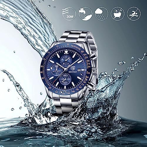 ساعت مچی مردانه BY BENYAR ساعت چند کاره کرونوگراف تاریخ کوارتز مردانه استیل ضد زنگ مشکی/بند چرم قهوه ای آنالوگ ساعت مچی هدیه برای مردان مشاغل معمولی Image