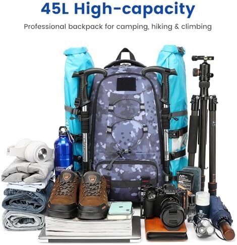 کوله پشتی مسافرتی XQXA، کوله پشتی پیاده روی ضد آب با ظرفیت 45 لیتری کوله پشتی لپ تاپ 17.3 اینچی مردانه کوله پشتی کوهنوردی زنانه برای کمپینگ ورزشی در فضای باز Image