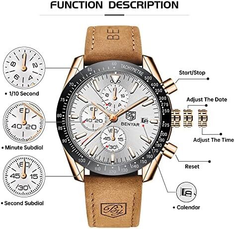 ساعت مچی مردانه BY BENYAR ساعت چند کاره کرونوگراف تاریخ کوارتز مردانه استیل ضد زنگ مشکی/بند چرم قهوه ای آنالوگ ساعت مچی هدیه برای مردان مشاغل معمولی Image