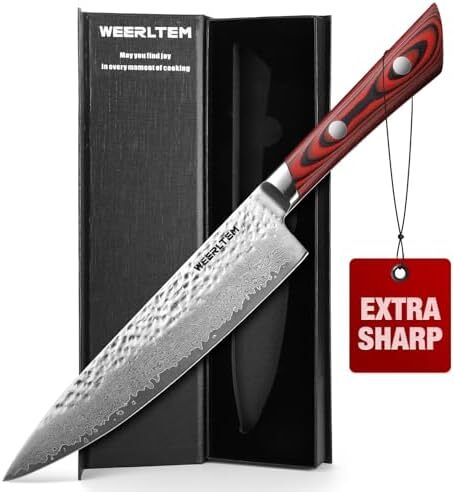 چاقوی سرآشپز WEERLTEM، ۸ اینچ، چاقوی حرفه‌ای فولاد VG10 با ۶۷ لایه دمشقی، فوق‌العاده تیز، دست‌ساز، فولاد ضد زنگ کربن بالا، چاقوی آشپزخانه ژاپنی با دسته قرمز G10 و جعبه هدیه Image