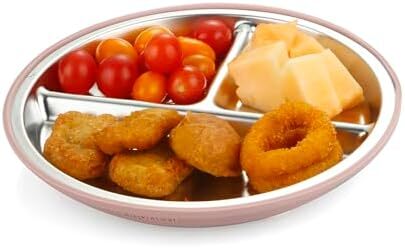 پک ۲ عددی بشقاب‌های استیل ضد زنگ پانداآر و پک ۲ عددی قاشق و چنگال، ست ظروف کودک، ست تغذیه کودک، بشقاب‌های تقسیم شده برای تغذیه خودرهبری نوزاد، بدون BPA (صورتی) Image