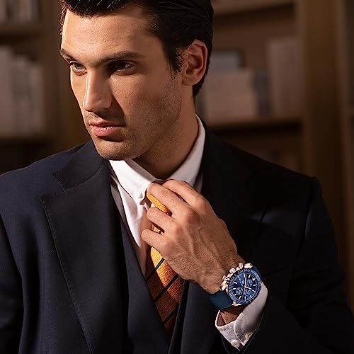 ساعت مچی مردانه BY BENYAR ساعت چند کاره کرونوگراف تاریخ کوارتز مردانه استیل ضد زنگ مشکی/بند چرم قهوه ای آنالوگ ساعت مچی هدیه برای مردان مشاغل معمولی Image