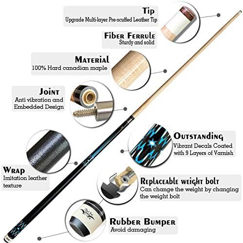 تای با کیوس 2 تکه چوب استخر + قاب سخت، نوک 13 میلی‌متری، 58 اینچ چوب بیلیارد حرفه‌ای افرا کانادایی چوب بیلیارد 18،19،20،21،22 چوب استخر (قابل انتخاب) - آبی، مشکی، قرمز، خاکستری ، سبز Image