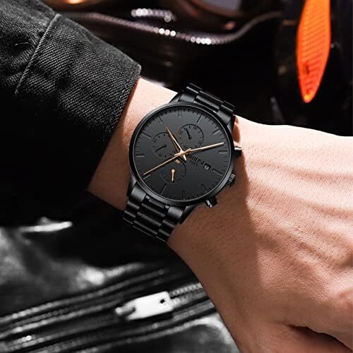 ساعت‌های مردانه NIBOSI ساعت‌های مینیمالیستی آنالوگ مشکی ساعت‌های مردانه تجاری کرنوگراف ساعت‌های مچی معمولی نظامی ساعت‌های مچی استیل ضد زنگ تاریخ Image