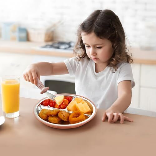 پک ۲ عددی بشقاب‌های استیل ضد زنگ پانداآر و پک ۲ عددی قاشق و چنگال، ست ظروف کودک، ست تغذیه کودک، بشقاب‌های تقسیم شده برای تغذیه خودرهبری نوزاد، بدون BPA (صورتی) Image