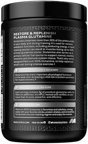 دمنوش ماسل‌تک پلاتینیوم 100% تقویت‌کننده گلوتامین، ریکاوری عضلانی، مکمل گلوتامین پلاسما و مواد ممنوعه پس از تمرین، ال‌گلوتامین برای مردان و زنان، بدون طعم 300 گرم Image