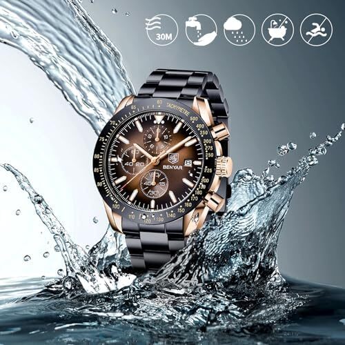 ساعت مچی مردانه BY BENYAR ساعت چند کاره کرونوگراف تاریخ کوارتز مردانه استیل ضد زنگ مشکی/بند چرم قهوه ای آنالوگ ساعت مچی هدیه برای مردان مشاغل معمولی Image