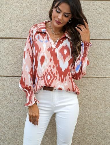 Prettywear زنانه دکمه دار پیراهن فانوس بلند پیراهن آستین بلند سایز بلوز گاه به گاه تاپ چکیده چاپ شده Image