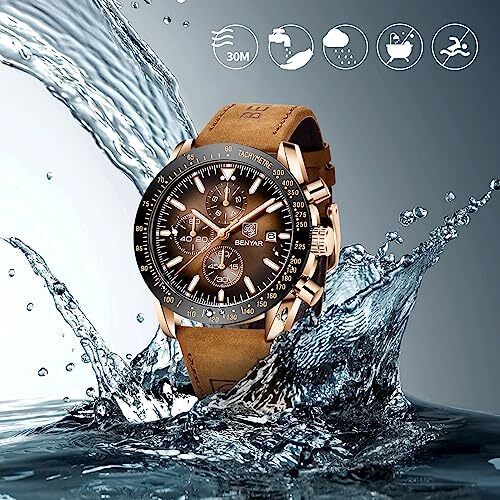 ساعت مچی مردانه BY BENYAR ساعت چند کاره کرونوگراف تاریخ کوارتز مردانه استیل ضد زنگ مشکی/بند چرم قهوه ای آنالوگ ساعت مچی هدیه برای مردان مشاغل معمولی Image