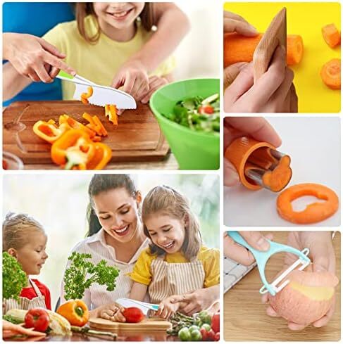 RISICULIS 14 Pieces toddler knife, Kids Knife Set Include Wood Kids Safe Knife, Plastic Toddler Knife, Cutting Board, Apron, Y Peeler, Crinkle Cutter, Kitchen Sleeves Covers, Gloves, Sandwich Cutter Image