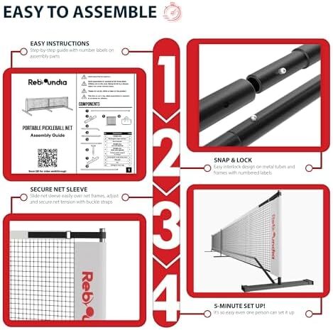 REBOUNDIA Pickleball Net قابل حمل در فضای باز، سیستم توری توپ ترشی با سایز رسمی 22 فوتی با کیف حمل و پاداش تمرین انفرادی Rebounder Image