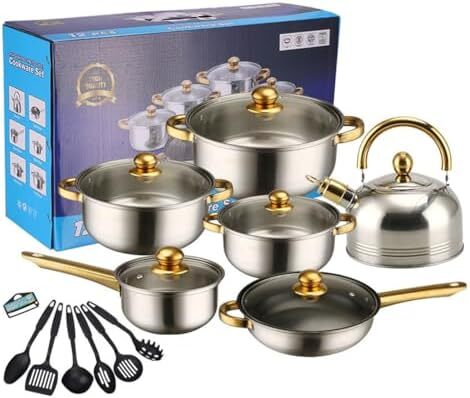 ست ظروف آشپزخانه 18 تکه استیل ضد زنگ MOZOGOT، ست قابلمه و تابه، ست ظروف غیرسمی، ست پخت و پز القایی، ابزار آشپزخانه، نقره‌ای