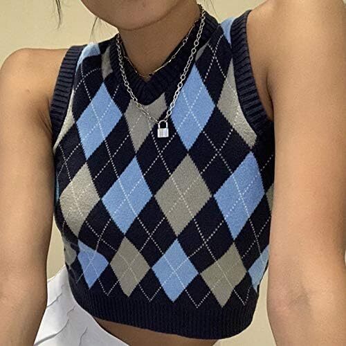 جلیقه ژاکت بافتنی Hyipels Argyle زنانه Y2K لباس بافتنی چهارخانه مدل لباس بافتنی Preppy Style V یقه تاپ تانک دخترانه Image