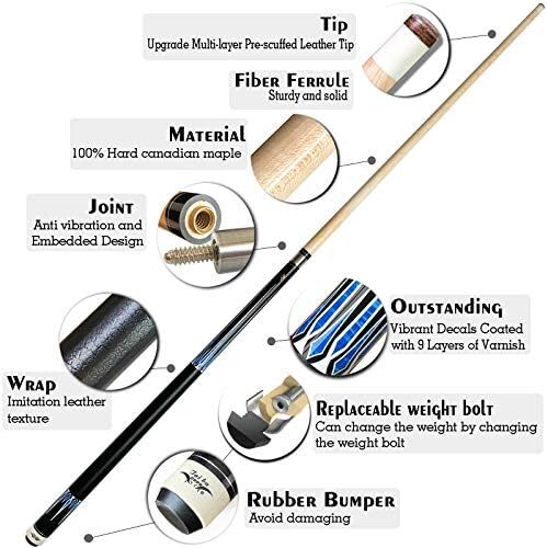 تای با کیوس 2 تکه چوب استخر + قاب سخت، نوک 13 میلی‌متری، 58 اینچ چوب بیلیارد حرفه‌ای افرا کانادایی چوب بیلیارد 18،19،20،21،22 چوب استخر (قابل انتخاب) - آبی، مشکی، قرمز، خاکستری ، سبز Image