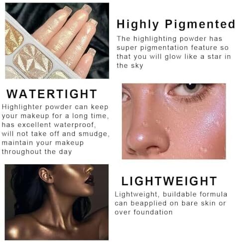پالت آرایشی با هایلایتر صورت 8 رنگ، پودر هایلایت چند رنگی Shimmer Glitter، همه سایه های درخشان را می توان لایه لایه یا به صورت جداگانه پوشید تا ویژگی های چهره شما را تقویت و روشن کند. Image