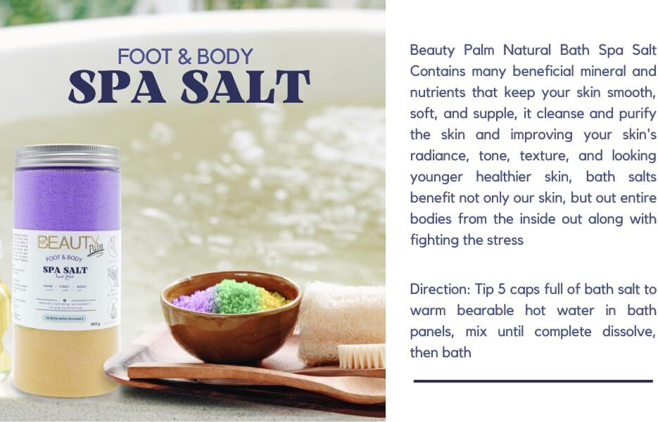 پودر مخلوط نمک بیوتی پالم اسپا 600 گرم برای پا و بدن (اسطوخودوس/طلا/نعناع) l مرطوب کننده و آبرسان طبیعی l پوست صاف و نرم Image