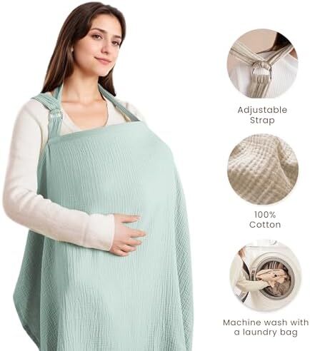 پوشش شیردهی کنسی موسلین برای شیردهی نوزاد، پوشش شیردهی ۱۰۰٪ پنبه‌ای قابل تنفس با حلقه سخت برای پیشبند مادر، چتر صندلی خودرو چندمنظوره (سبز روشن) (BRJ08) Image