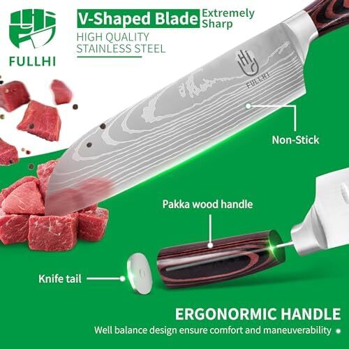 ست چاقو ژاپنی ۱۵ تکه FULLHI با نگهدارنده چاقو مغناطیسی، ست چاقو آشپزخانه استیل ضد زنگ با کیفیت بالا Image
